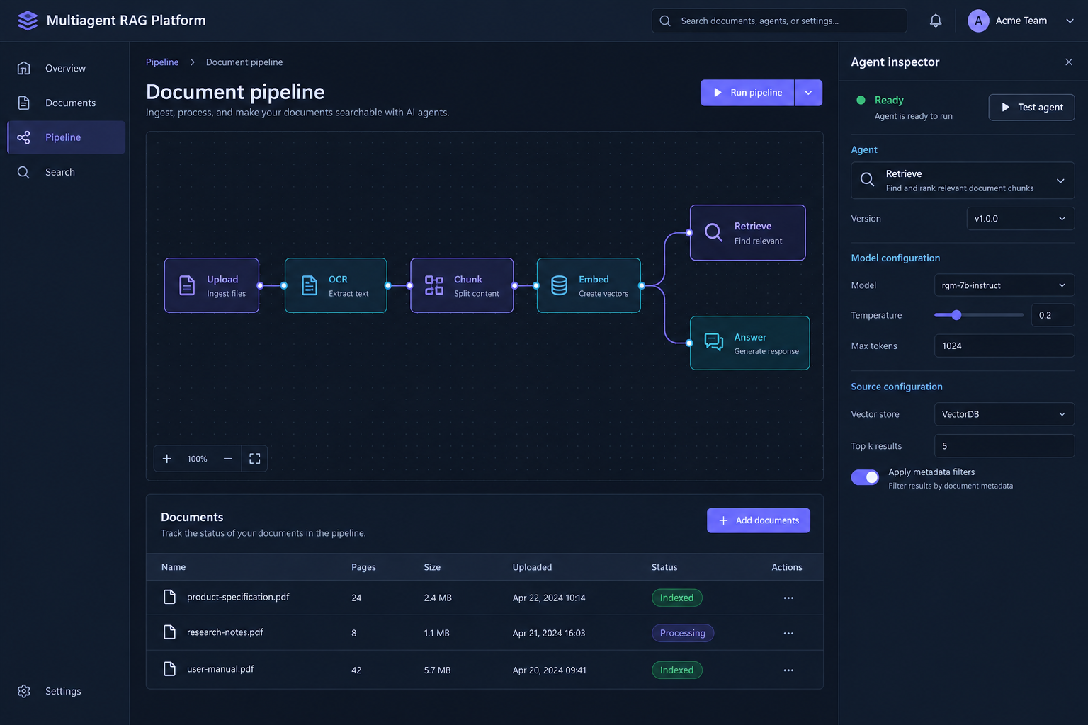 Multiagent RAG Platform interface concept